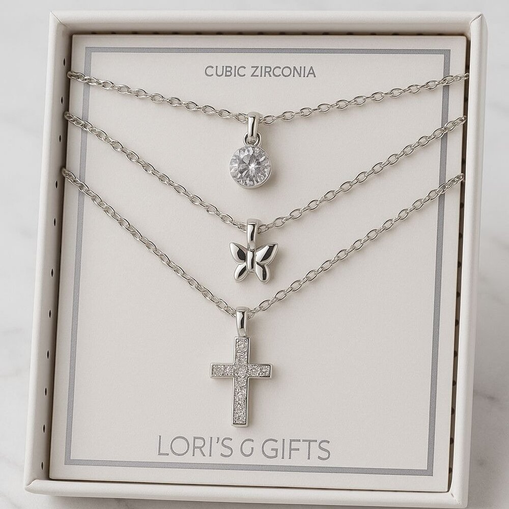 NEW Silvertone 18" Necklace Set with Cubic Zirconia, Butterfly, and Cross Charms